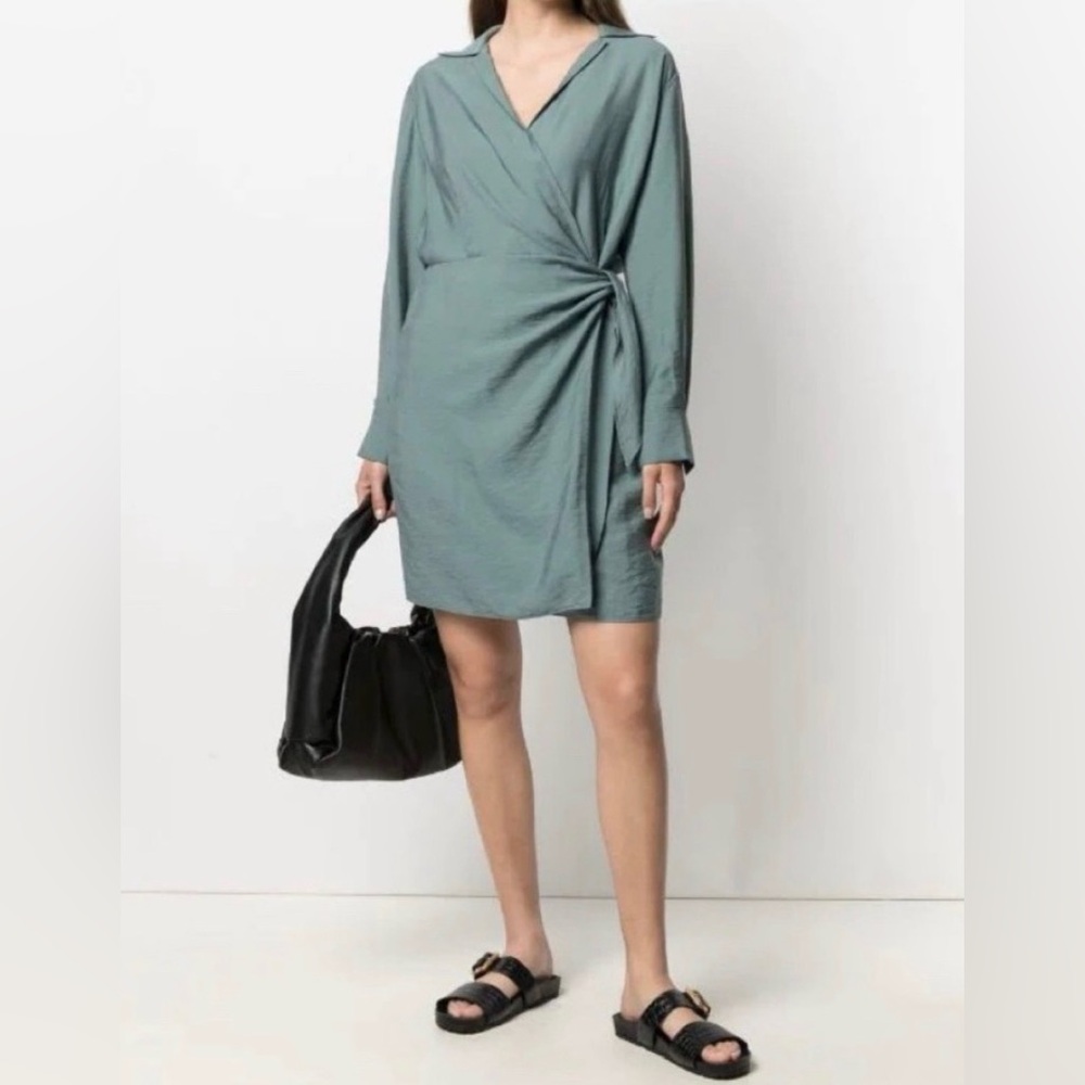 Vince women’s warp collared Long sleeve v neck mini dress viscose blend green XL - Picture 2 of 11